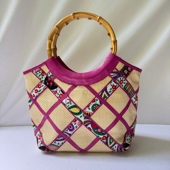 Vera Bradley Viva La Vera Bamboo Handle Straw Purse Medium Tote Handbag Retired - Picture 6 of 13